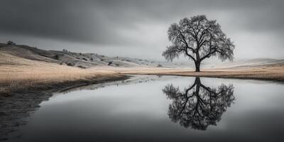 Majestic solitary tree reflecting on calm water in an open landscape under cloudy sky during early morning hours photo