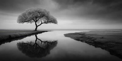 Lonely tree reflects on calm water at dusk under a dramatic sky photo
