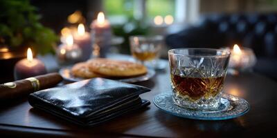 Relaxing evening with whiskey and cookies by candlelight in a cozy living room photo