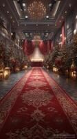 Festive holiday celebration setting with red carpet and decorated Christmas trees at evening event venue photo