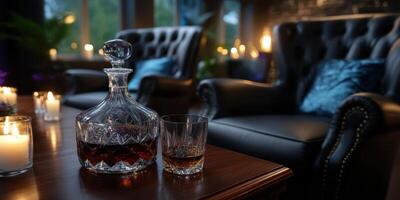 Cozy evening at home featuring elegant glasses and a decanter of whiskey next to flickering candles photo