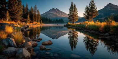 Stunning tranquil lake capturing mountain reflections during sunrise in a natural landscape photo