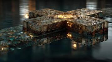 Intricate decorative object illuminated in water reflecting artistic craftsmanship and historical design at night photo