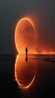 Mysterious figure stands before glowing portal at twilight on tranquil beach photo