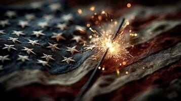 Firework spark ignites across worn American flag during festive celebration photo
