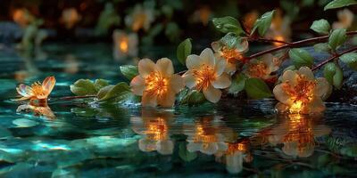 Illuminated flowers floating on calm water in a tranquil natural setting during nighttime photo