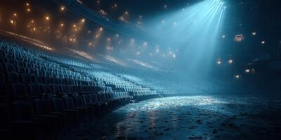 Empty theater ambience with dramatic lighting highlighting rows of seats and a reflective floor after a performance photo