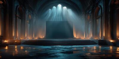 Stunning interior of an ancient hall illuminated by beams of light filtering through tall windows photo