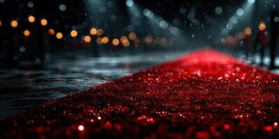Sleek red carpet shines under soft lighting during a glamorous event at night with raindrops sparkling in the air photo