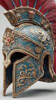 Elaborate Roman helmet adorned with intricate designs and vibrant plumes displayed in a modern studio setting photo