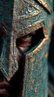 Detailed close-up of a historic Greek warrior helmet showcasing intricate textures and colors photo