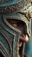 Warrior in ornate helmet gazes intently during a historical battle reenactment at a local festival in the autumn afternoon photo