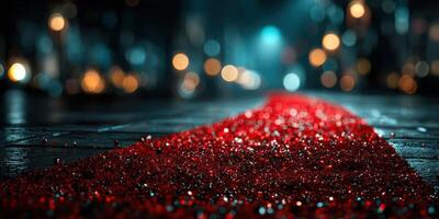 Red carpet event featuring sparkling decorations and illuminated background during a glamorous night celebration photo