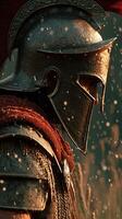 Historical warrior stands in a sunlit field adorned in armor during a moment of reflection and tranquility photo