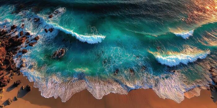 Waves crash on a sandy beach at sunset, creating a stunning coastal view with vibrant colors photo