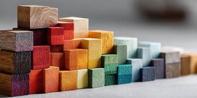 Wooden blocks arranged in vibrant colors showcasing craftsmanship and design creativity in a contemporary workspace photo