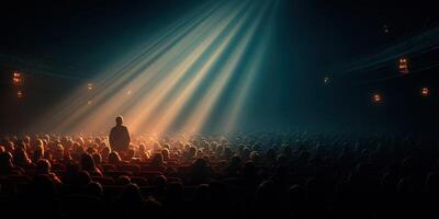 Crowd watching performance in a theater with beams of light shining down from above photo
