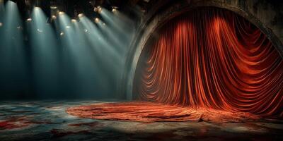 Stage set with rich red curtain and dramatic lighting ready for performance in a theater photo
