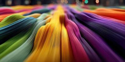 Colorful strands of fabric flowing on display in a vibrant market during a sunny afternoon photo