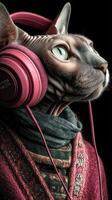 Sphynx cat wearing headphones in cozy attire with focus on detail and expression photo