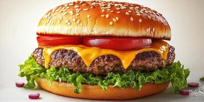 Juicy cheeseburger with fresh lettuce and tomato served on a sesame seed bun ready for a delicious meal photo