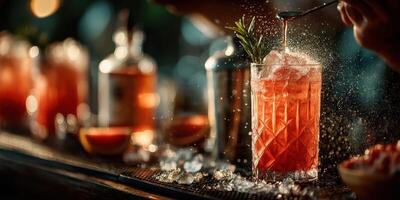 Crafting a vibrant cocktail at a lively bar during the evening hours with fresh ingredients and expert techniques photo