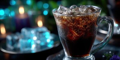Refreshing glass of cold beverage with ice served at a cozy evening gathering with soft lighting photo
