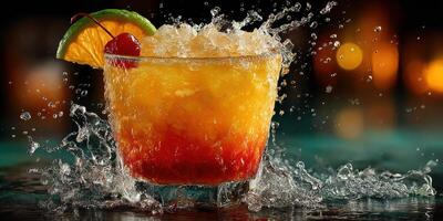 Colorful cocktail splashes with ice and fruit garnishes at a lively bar during an evening gathering photo