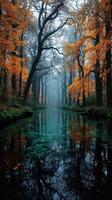 Autumn landscape with misty forest and vibrant orange leaves reflecting in tranquil water photo