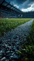 Grass field and boundary line at a stadium during cloudy weather with anticipation for an upcoming soccer match photo