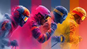 Dynamic skiers in colorful gear race down a snowy slope during vibrant winter event photo