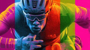 Cyclist in vibrant colors pushes limits during an intense race in a competitive environment photo