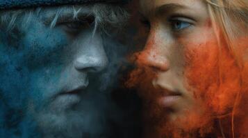 Emotional exchange between two individuals with vibrant colored smoke in urban setting photo