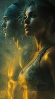 Dynamic fitness duo showcasing strength and determination in a smoky gym atmosphere during a late evening workout photo