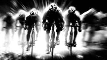 Cyclists racing in a dramatic black and white burst of motion during an evening competition photo