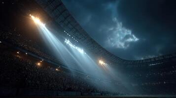 Evening lights illuminate a packed stadium during an exciting sporting event with dramatic clouds overhead photo