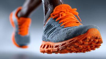 Runner in motion showcasing athletic footwear with vibrant orange accents during a training session in a gym environment photo