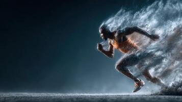 Dynamic athlete sprinting through dust clouds in a dramatic indoor setting during an intense training session photo