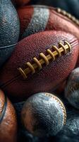 Collection of various sports balls including football, baseball, and basketball captured in a close-up view during a vibrant indoor sports setting photo