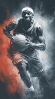 Dynamic basketball player dribbling ball during a high-energy game in an urban setting at night photo