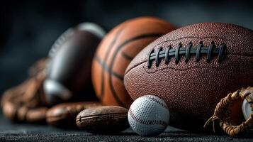 Collection of various sporting balls including football, basketball, baseball, and more displayed for a dynamic sports showcase photo
