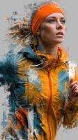Runner in vibrant jacket and headband pushing through a dynamic outdoor environment during a morning workout photo
