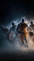 Intense basketball players sprinting towards the hoop in dramatic lighting during a competitive game photo