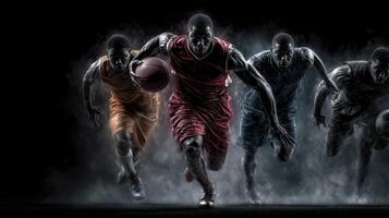 Powerful basketball players sprinting toward victory with determination and strength on the court in a dramatic setting photo