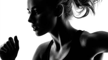 Dynamic silhouette of a woman running in black and white against a bright background photo