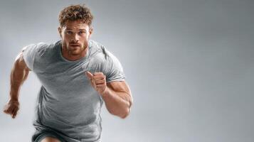 Sporty man running at high speed in training session, focused and determined to improve performance photo
