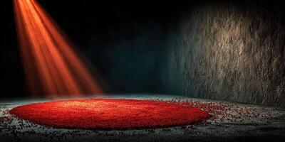 Light beams down on a vibrant red circle surrounded by dark textures in a dramatic indoor setting photo
