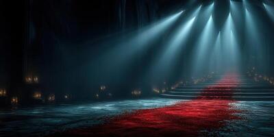 Red carpet leading to an altar surrounded by candles in a dark, mysterious setting with dramatic lighting photo