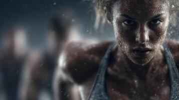 Close-up of an intense female athlete focused on her training during a gym session in a low-light environment photo