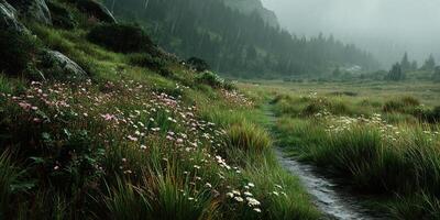 Lush meadow path winding through flowering grasses under a rain-soaked sky in a serene mountainous landscape photo